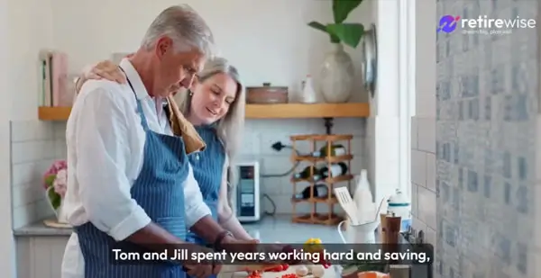 Video thumbnail showing Retirewise retirement planning case study of Tom & Jill with superannuation growth chart